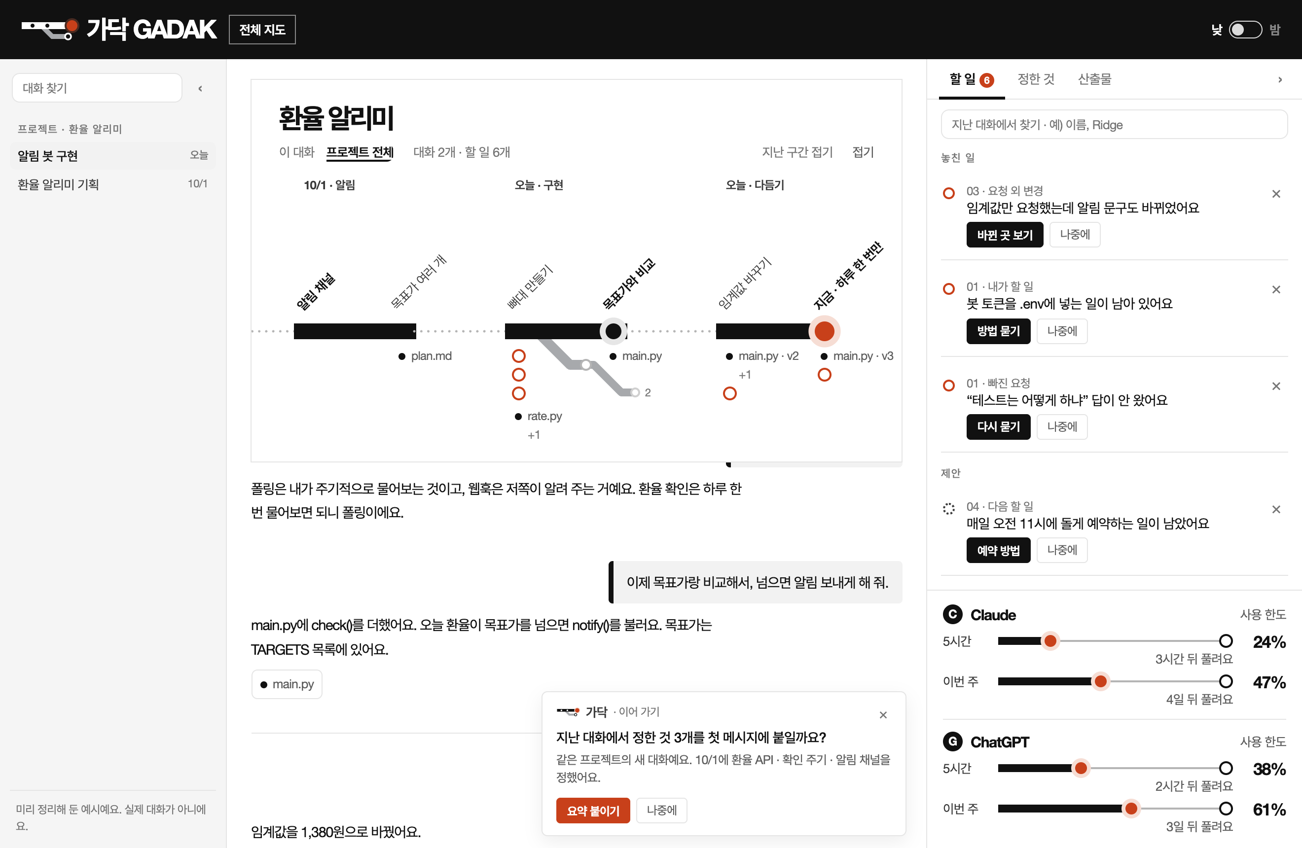 가닥 창 전체 화면. 왼쪽에 대화 목록, 가운데에 노선도와 대화, 오른쪽에 할 일이 있어요.